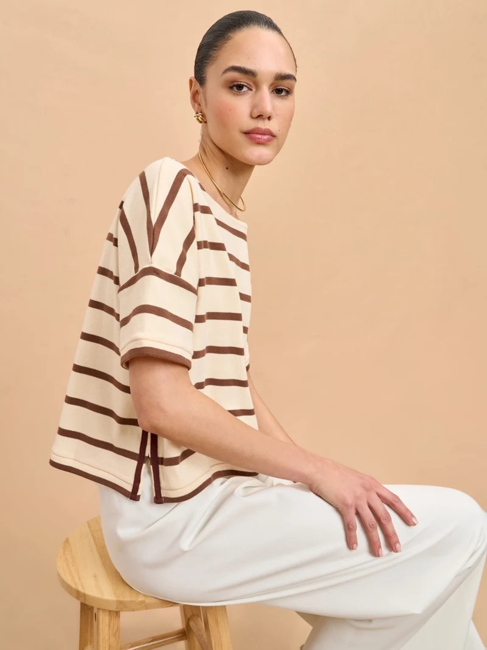 La Ligne Breton Short Sleeve Breton Tee in ECRU/BROWN Size XL